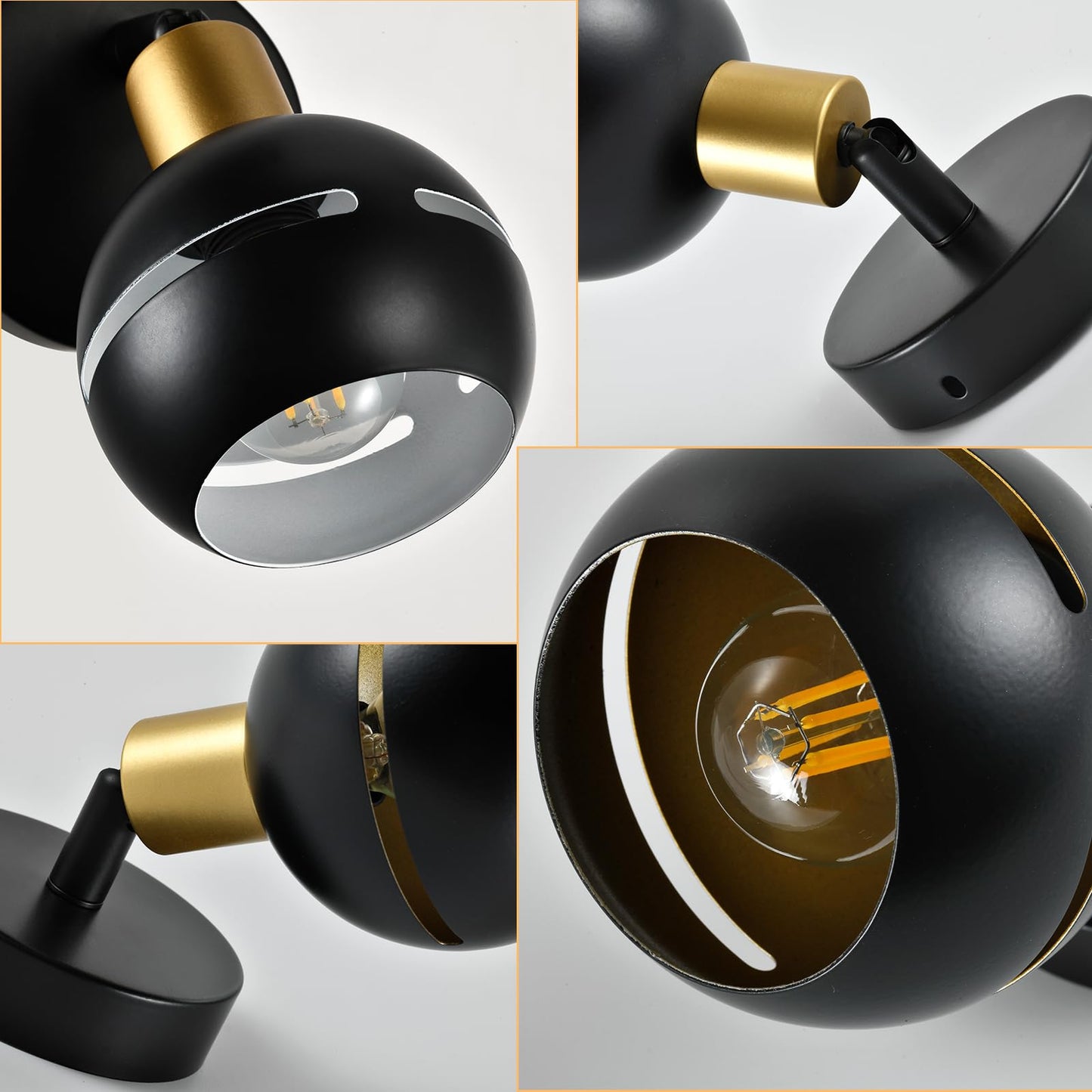 LQWELL® Wandleuchte: schwarzer Lampenschirm mit goldener Blende und sichtbarer LED