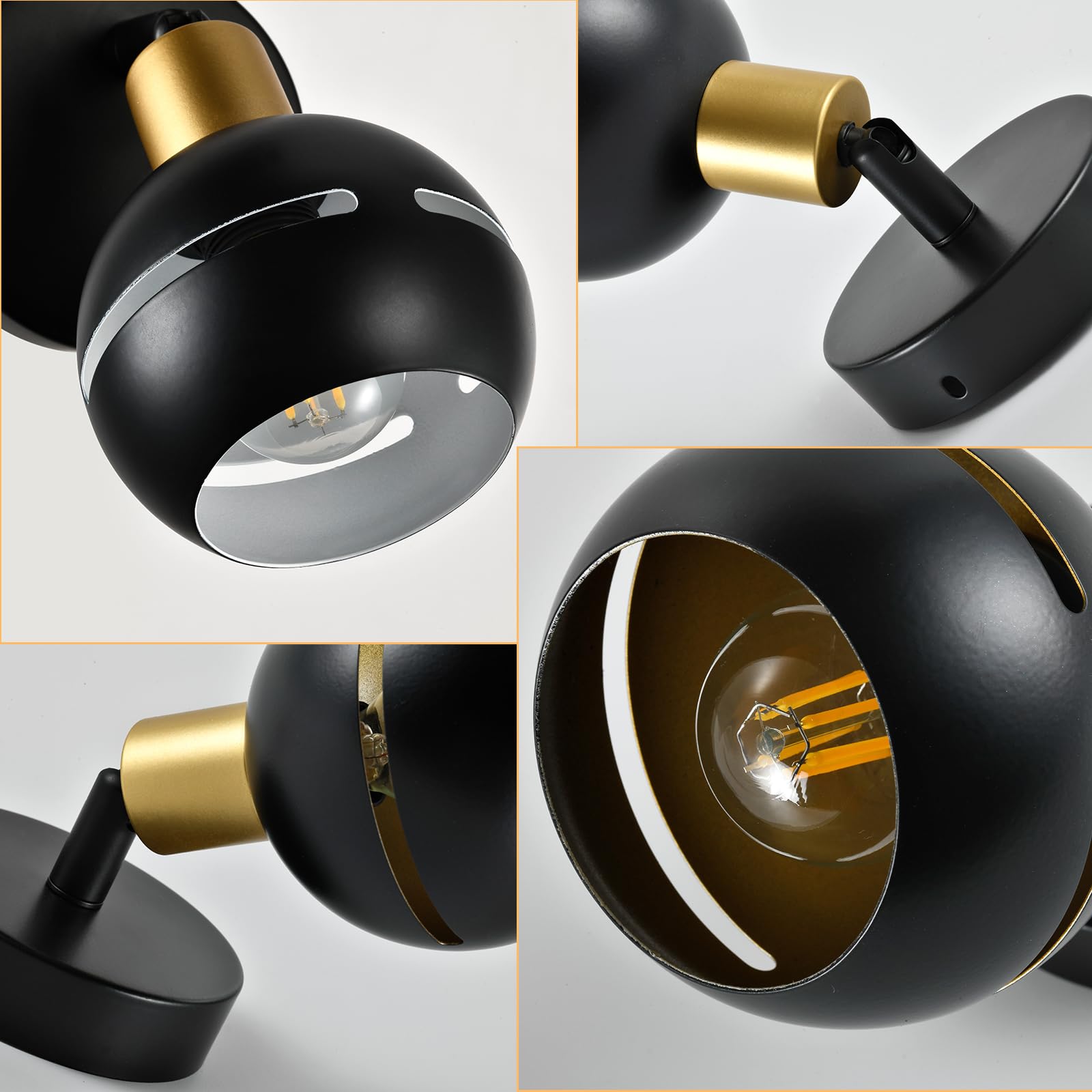 LQWELL® Wandleuchte: schwarzer Lampenschirm mit goldener Blende und sichtbarer LED