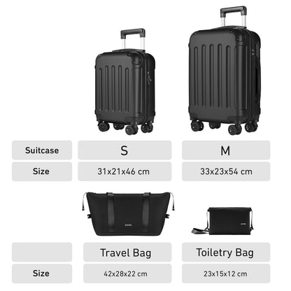 Reisekoffer-Set Hartschale in Schwarz, Größen S und M mit Reisetasche und Kulturbeutel