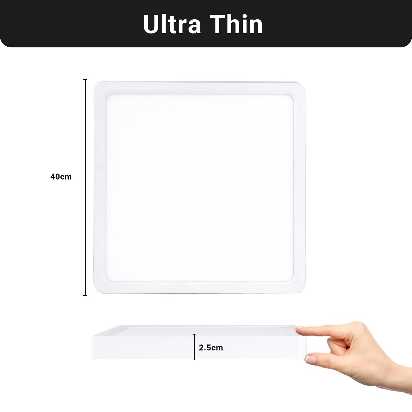 Ultraflache LED-Deckenleuchte mit weißem Rahmen, Maßangabe 40 cm