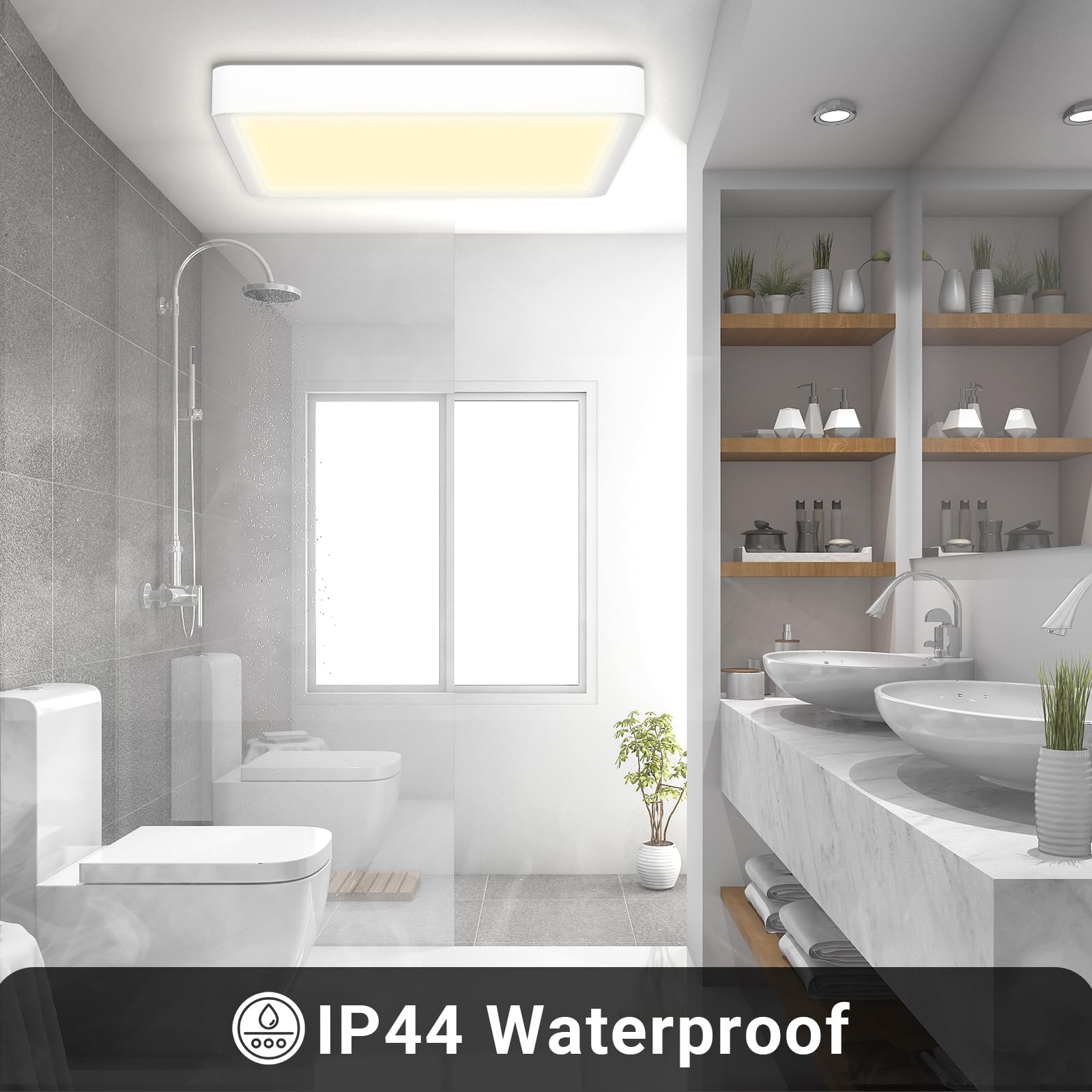 LED-Deckenleuchte IP44, flaches quadratisches Modul mit warmweißem Licht