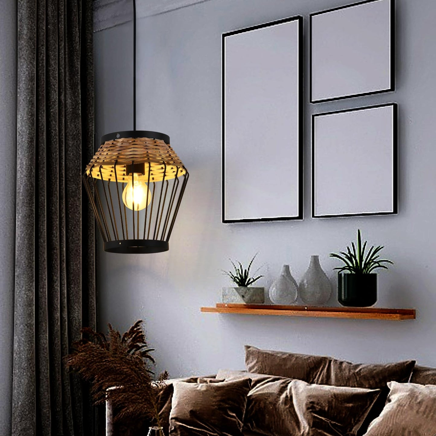 LQWELL® Hängelampe mit Rattankorb und schwarzem Metallkäfig, warm leuchtende Glühbirne