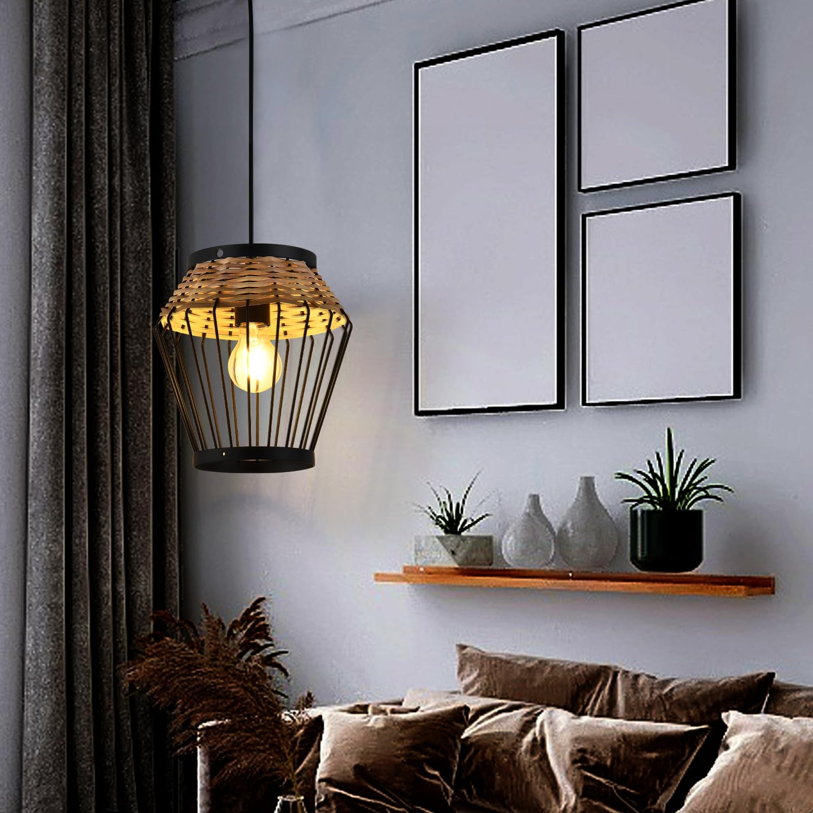 LQWELL® Hängelampe mit Rattankorb und schwarzem Metallkäfig, warm leuchtende Glühbirne