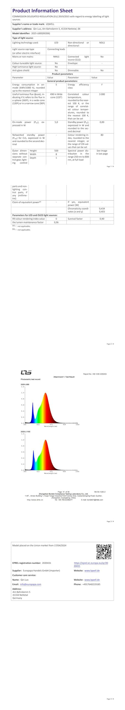 Technisches Datenblatt zur LED-Pendelleuchte: Spezifikationsübersicht mit Tabellen und Diagramm