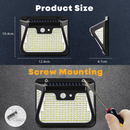 LED-Solar-Wandleuchte, Schraubmontage und Maße dargestellt, Sensorlinse mittig, schwarz