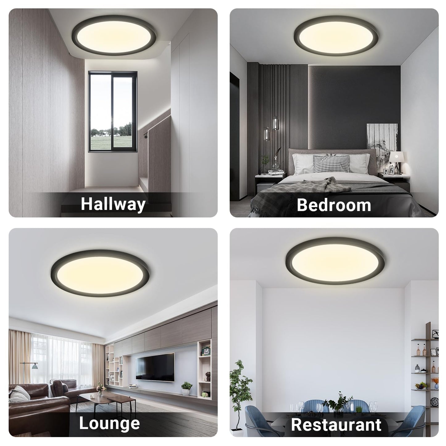 Runde LED-Deckenleuchte in mehreren Räumen, schwarzer Rahmen, warmweißes Licht