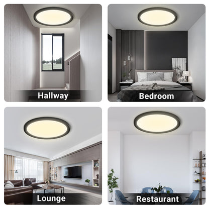 Runde LED-Deckenleuchte in mehreren Räumen, schwarzer Rahmen, warmweißes Licht
