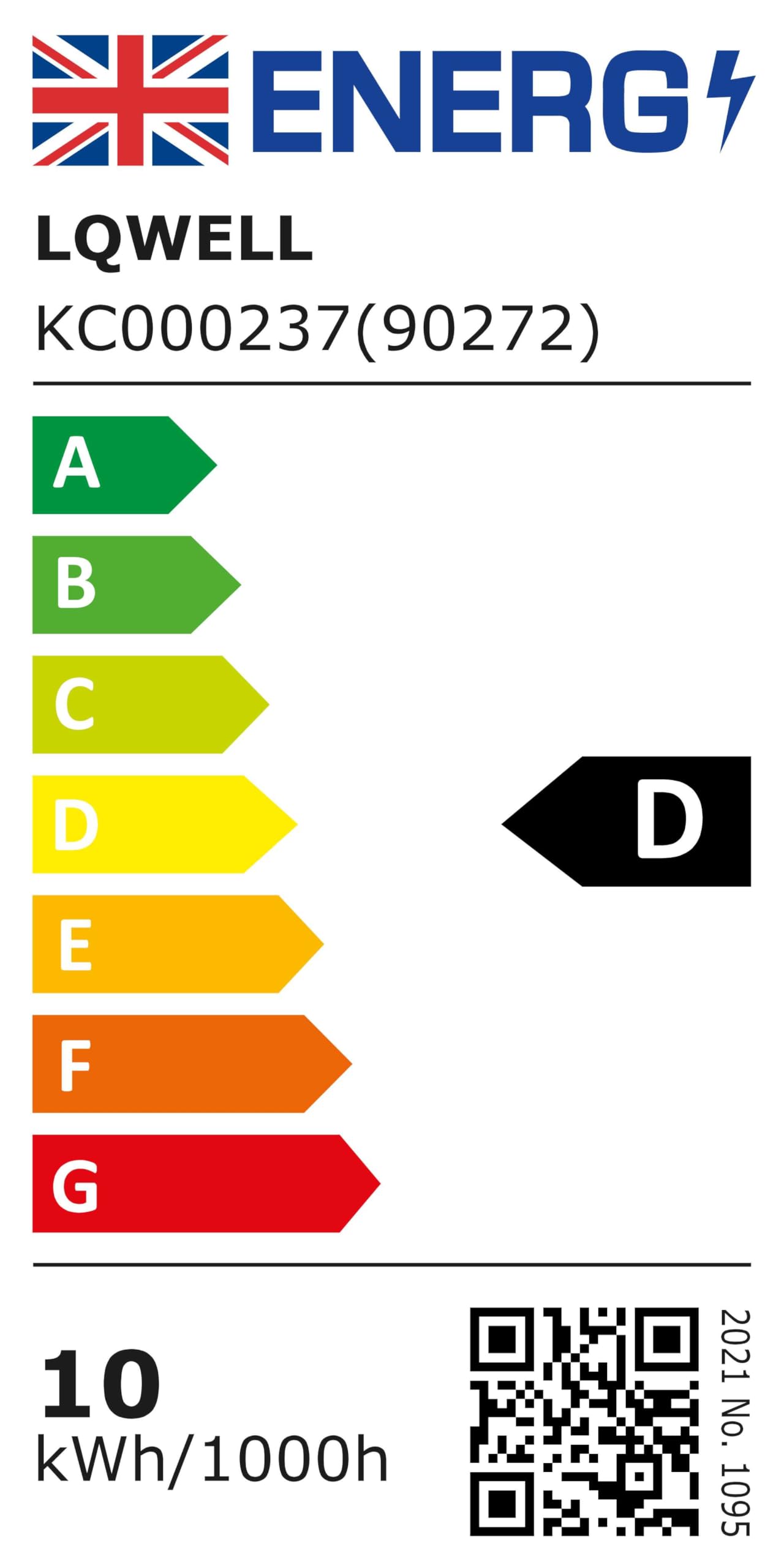 Energieeffizienzlabel mit Energieklasse D, QR-Code und Angabe 10 kWh/1000h