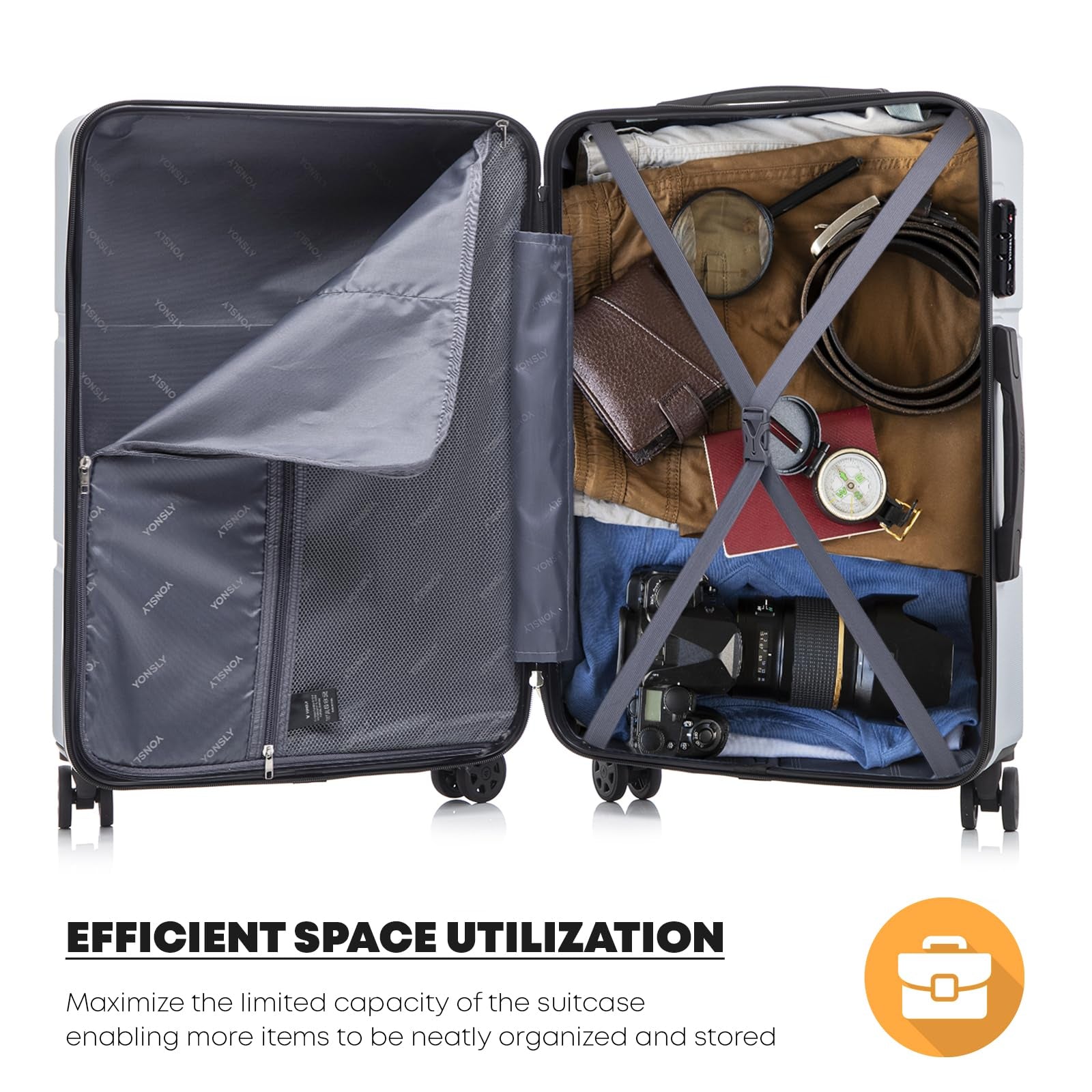 Öffneter Hartschalen-Trolley mit Fächer-Organizer und X-Packriemen