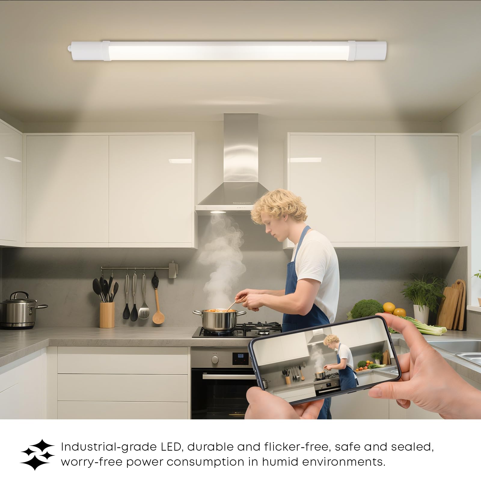 LED-Feuchtraumleuchte mit weißem Wannenprofil, flach montiert unter Decke