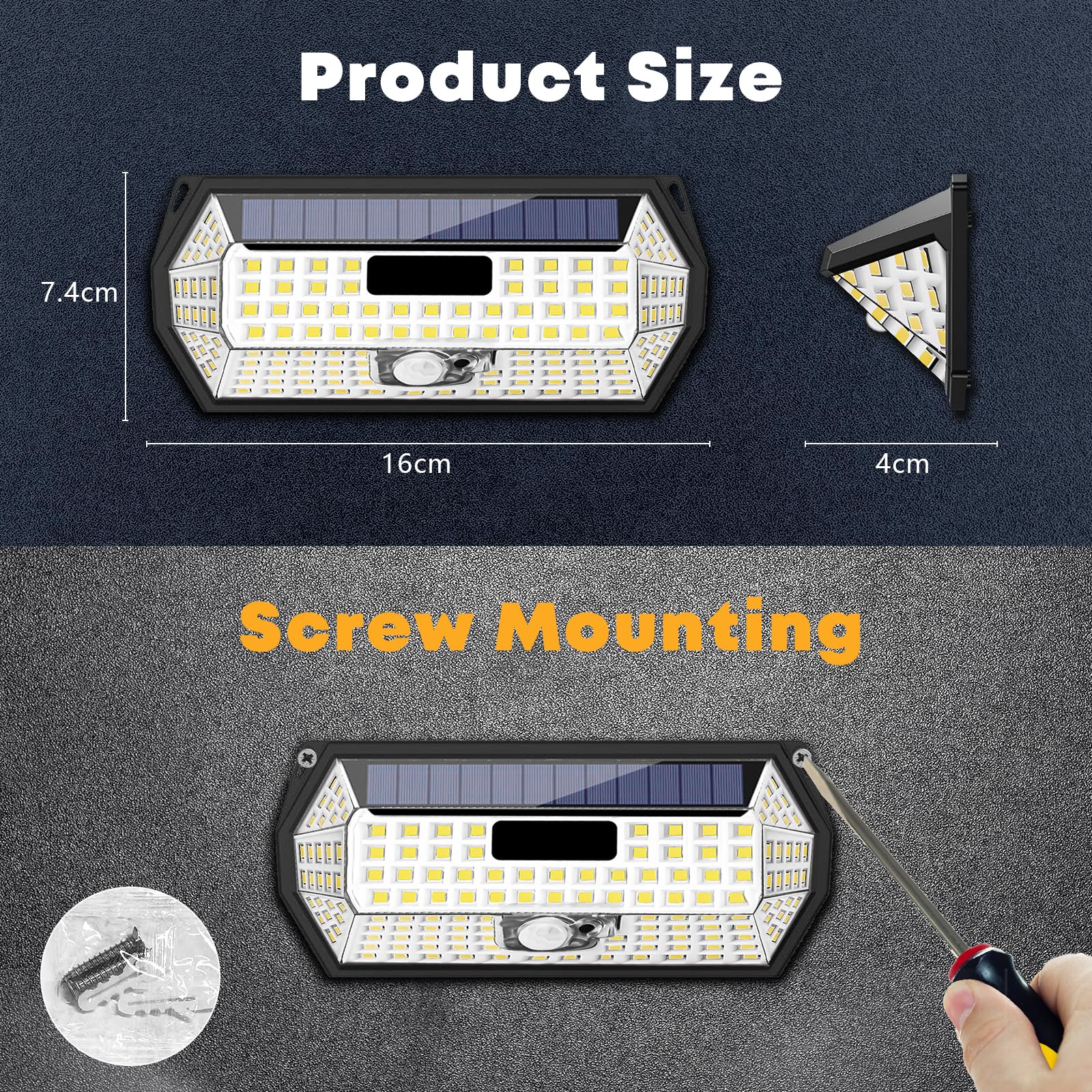 Solar-LED-Außenwandleuchte mit Schraubmontage, rechteckig, schwarzes Gehäuse
