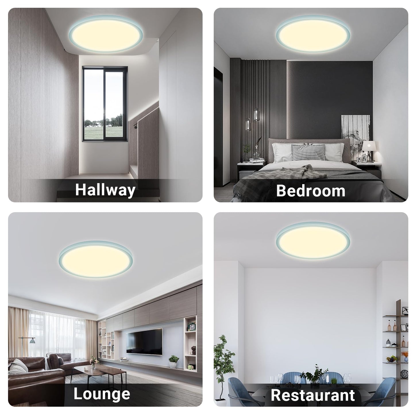 Runde LED-Deckenleuchte mit warmweißem Licht in mehreren Räumen
