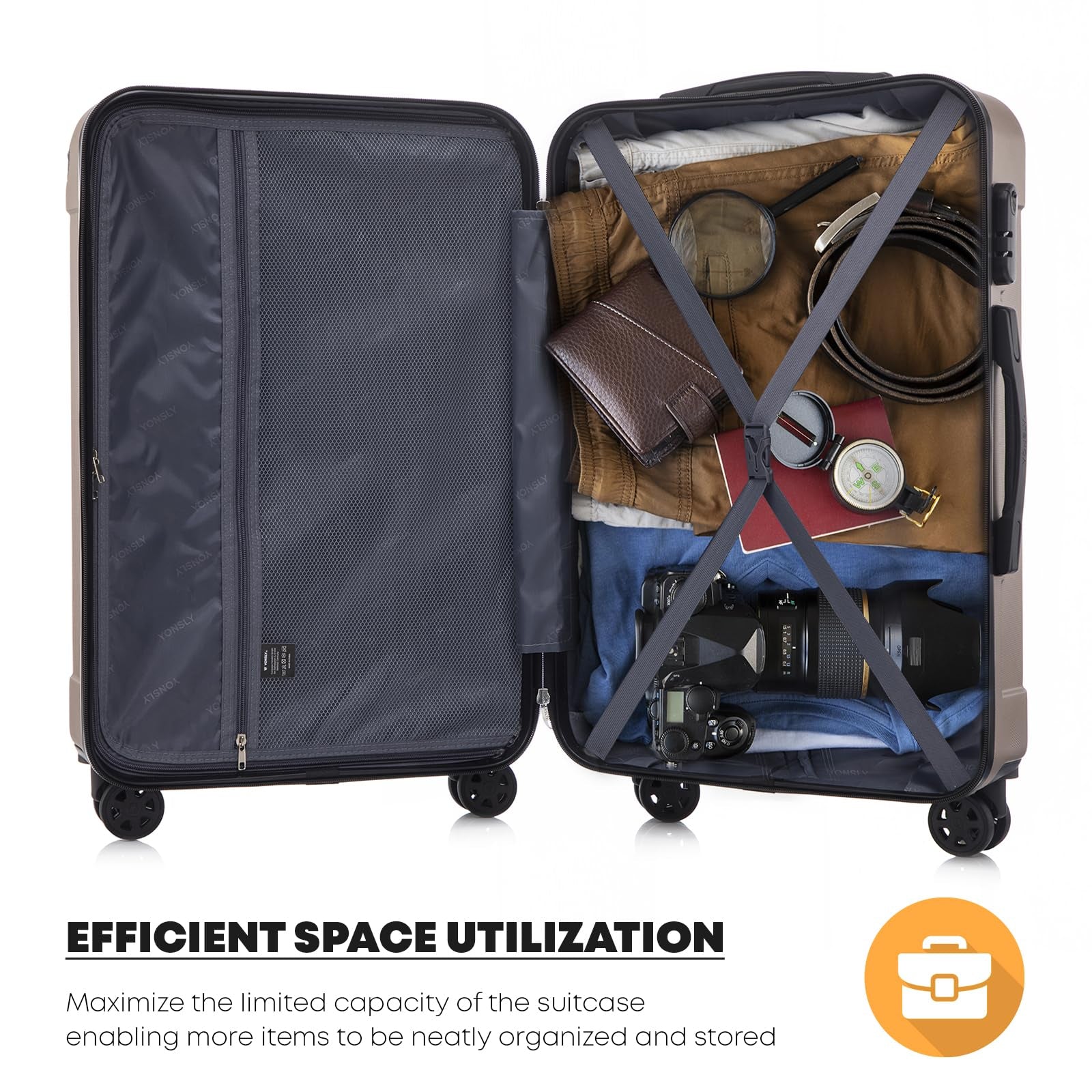 Offener Hartschalen-Rollkoffer mit Trenngurt und Organizer-Fach