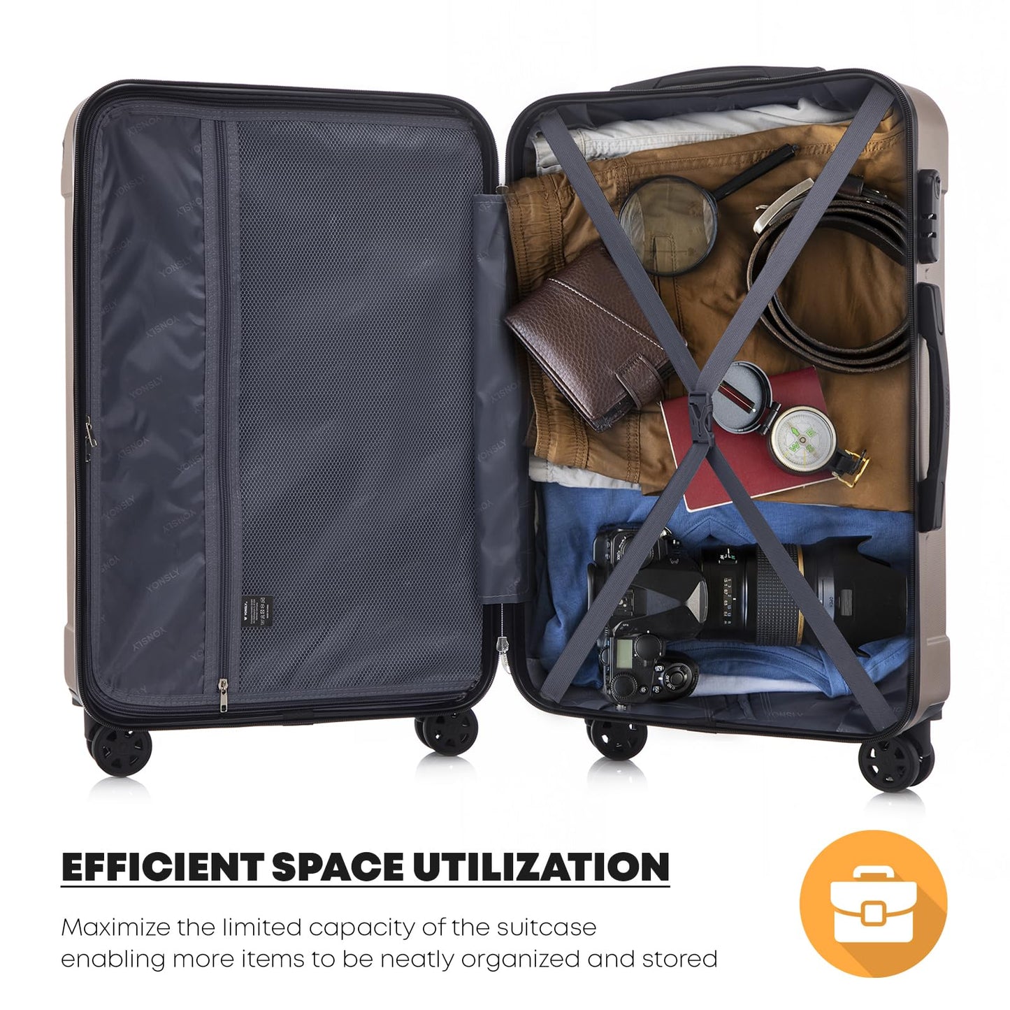 Offener Hartschalen-Rollkoffer mit Innenfächern und Packgurten