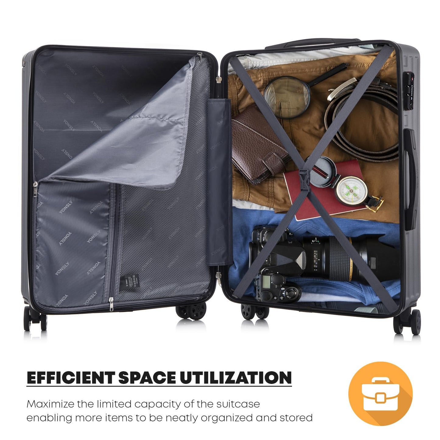 YONSLY® Hartschalen-Reisekoffer offen: Packgurt, Netzfach und Seitenfächer