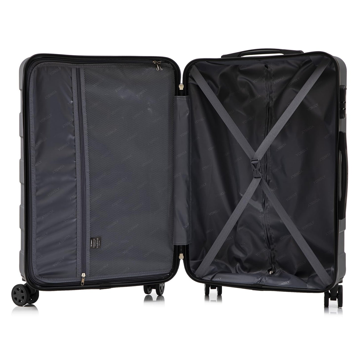 Schwarzer Hartschalen-Trolley, geöffnet mit Innenfach und X-förmigen Spanngurten