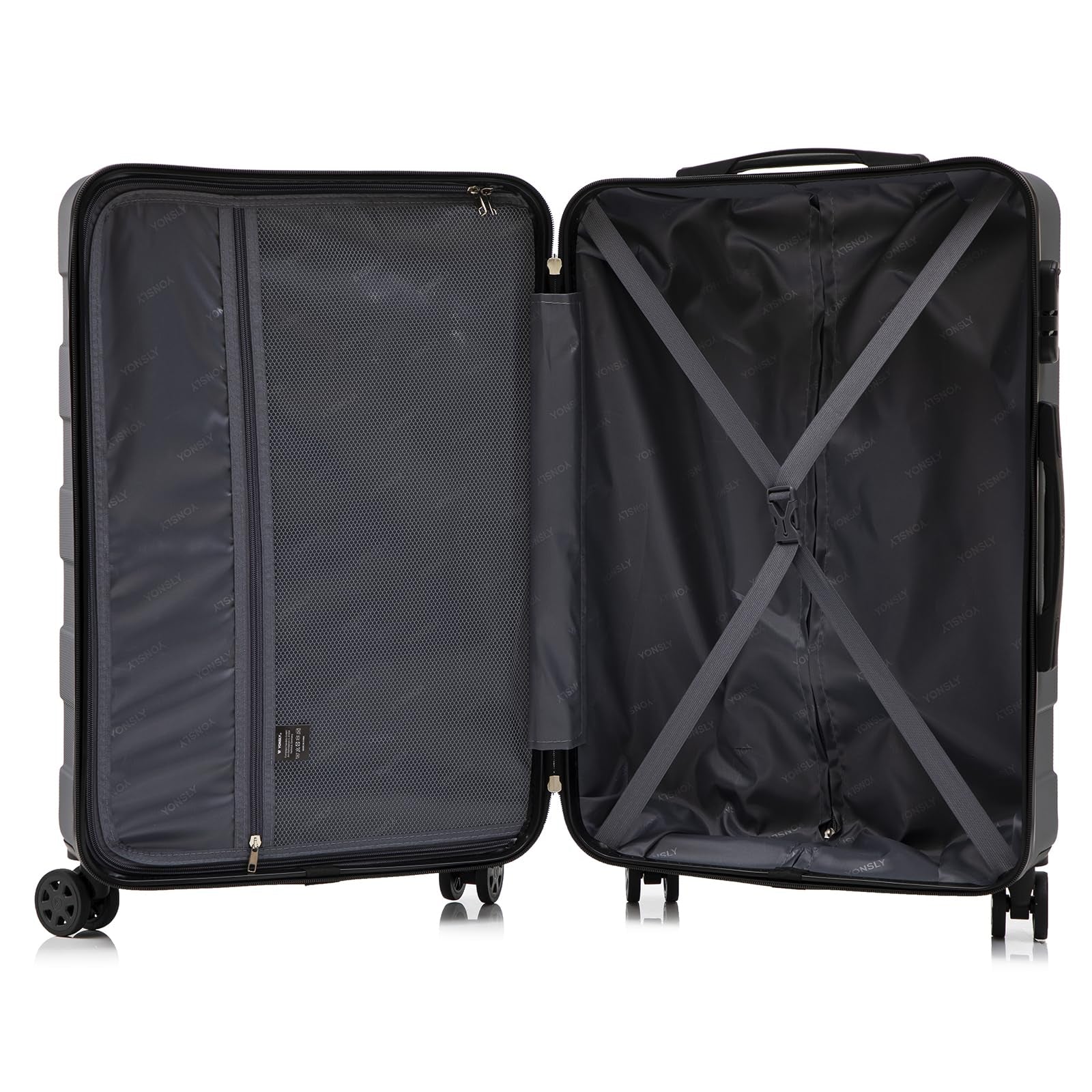 Schwarzer Hartschalen-Trolley, geöffnet mit Innenfach und X-förmigen Spanngurten