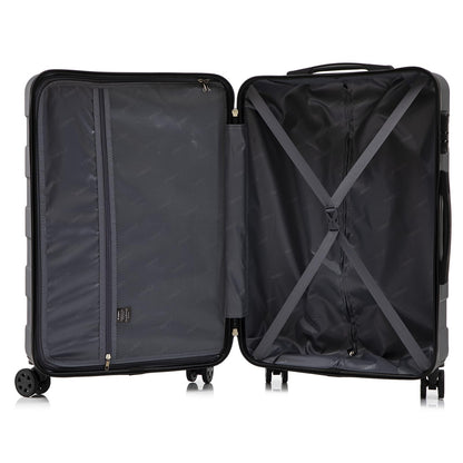 Schwarzer Hartschalen-Trolley, geöffnet mit Innenfach und X-förmigen Spanngurten