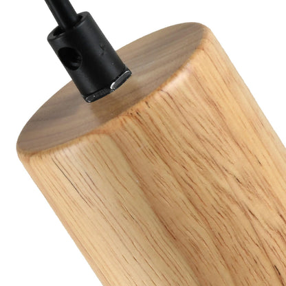 Holzhalterung mit schwarzer Aufhängung und Kabelöffnung an der Pendelleuchte