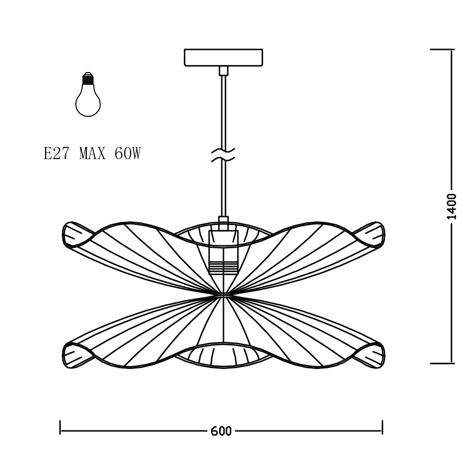 Pendellampe mit Drahtschirm, sternförmig, Maße 600×1400 mm, E27 max 60 W