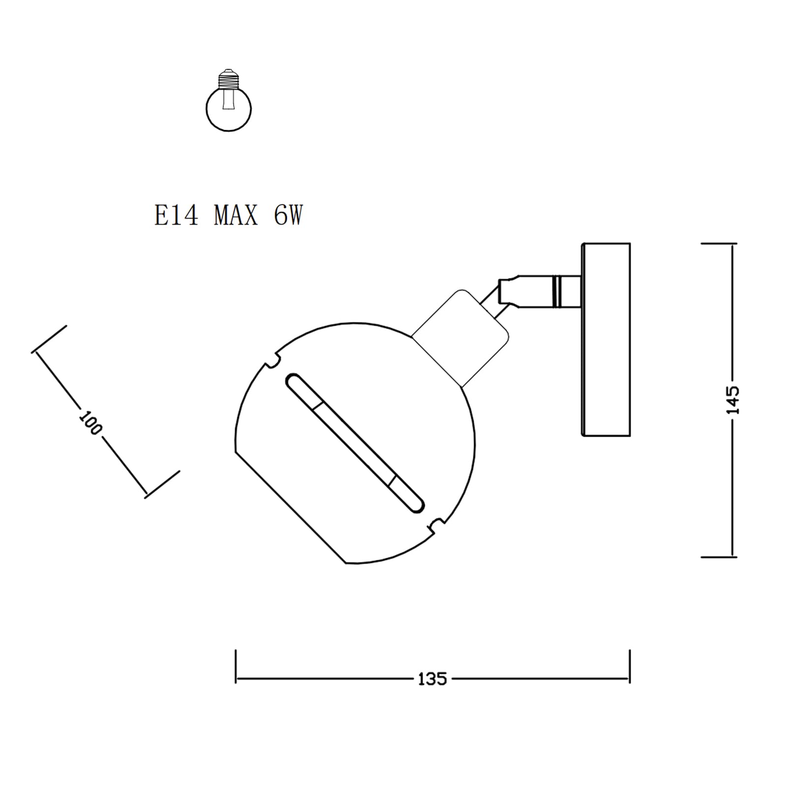 Maßskizze: LQWELL® Wandleuchte mit E14-Fassung, ca. 145 mm Höhe, ca. 135 mm Länge