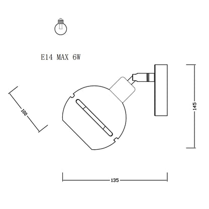 Maßskizze: LQWELL® Wandleuchte mit E14-Fassung, ca. 145 mm Höhe, ca. 135 mm Länge