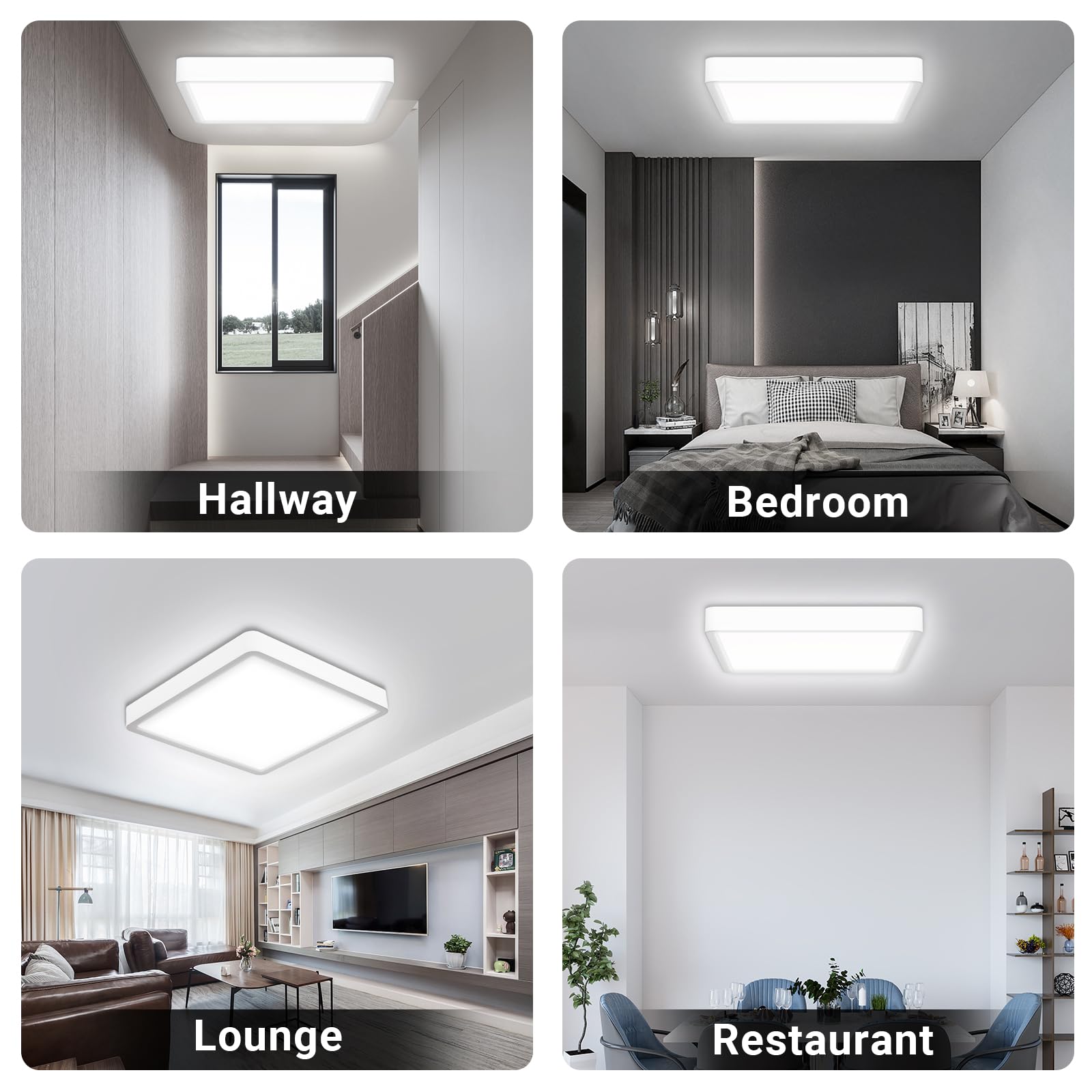Flache quadratische LED-Deckenleuchte in mehreren Innenraum-Ansichten
