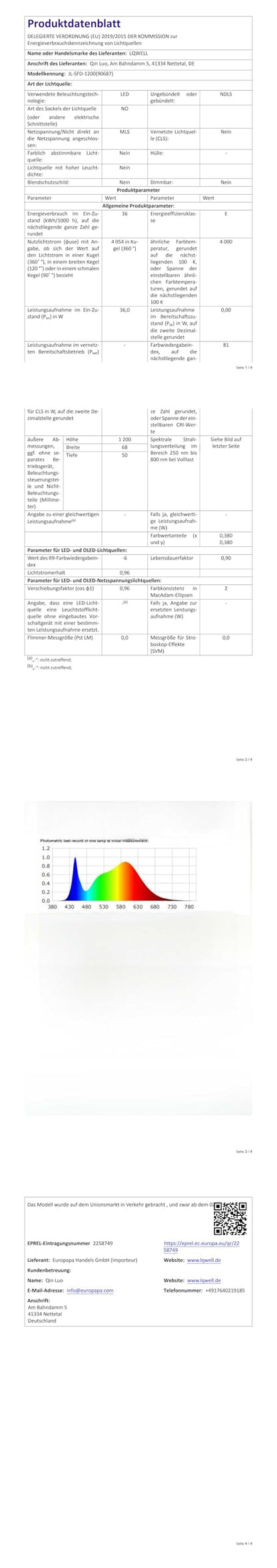 Produktdatenblatt zur LED-Feuchtraumleuchte mit technischen Tabellen und Diagramm