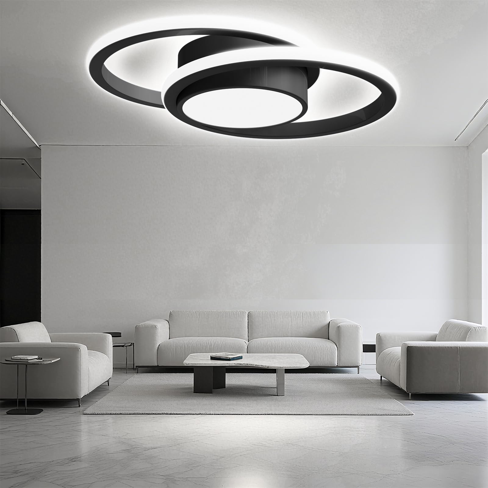 LED-Deckenleuchte mit zwei schwarzen Ringen und mittlerem Lichtkreis aus Metall und Acryl
