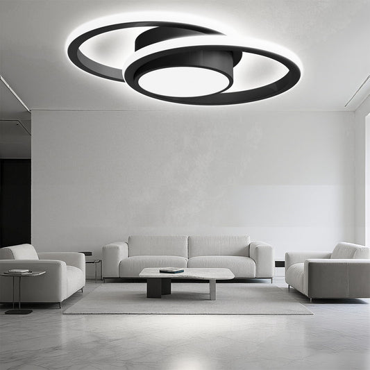 LED-Deckenleuchte mit zwei schwarzen Ringen und mittlerem Lichtkreis aus Metall und Acryl