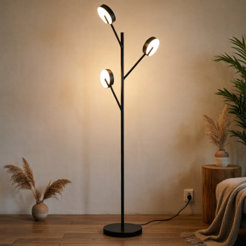 LED-Stehlampe mit vier leuchtenden LED-Köpfen, schwarzes Gestell und runder Standfuß