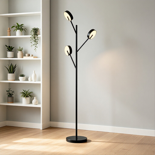 LED-Stehlampe mit drei LED-Lampen, schwarzes Gestell und runder Standfuß