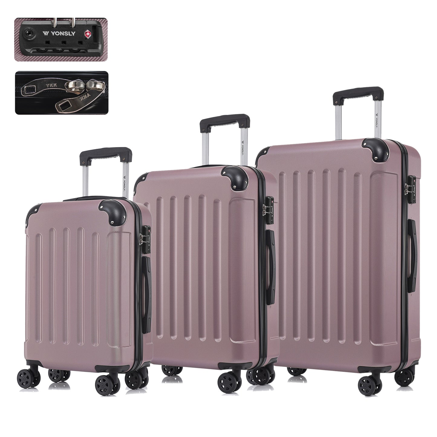 Reisekofferset mit Hartschale, TSA-Schloss, 4 Rollen und Trolleygriff, roséfarben