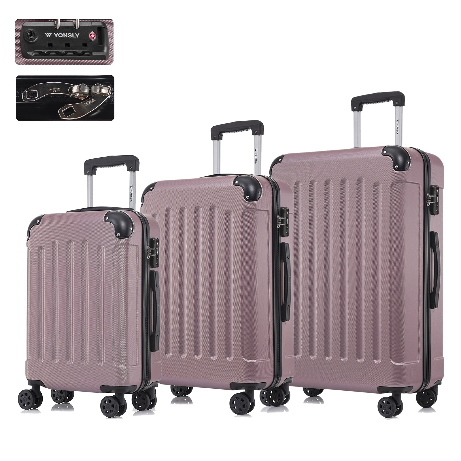 Reisekofferset mit Hartschale, TSA-Schloss, 4 Rollen und Trolleygriff, roséfarben
