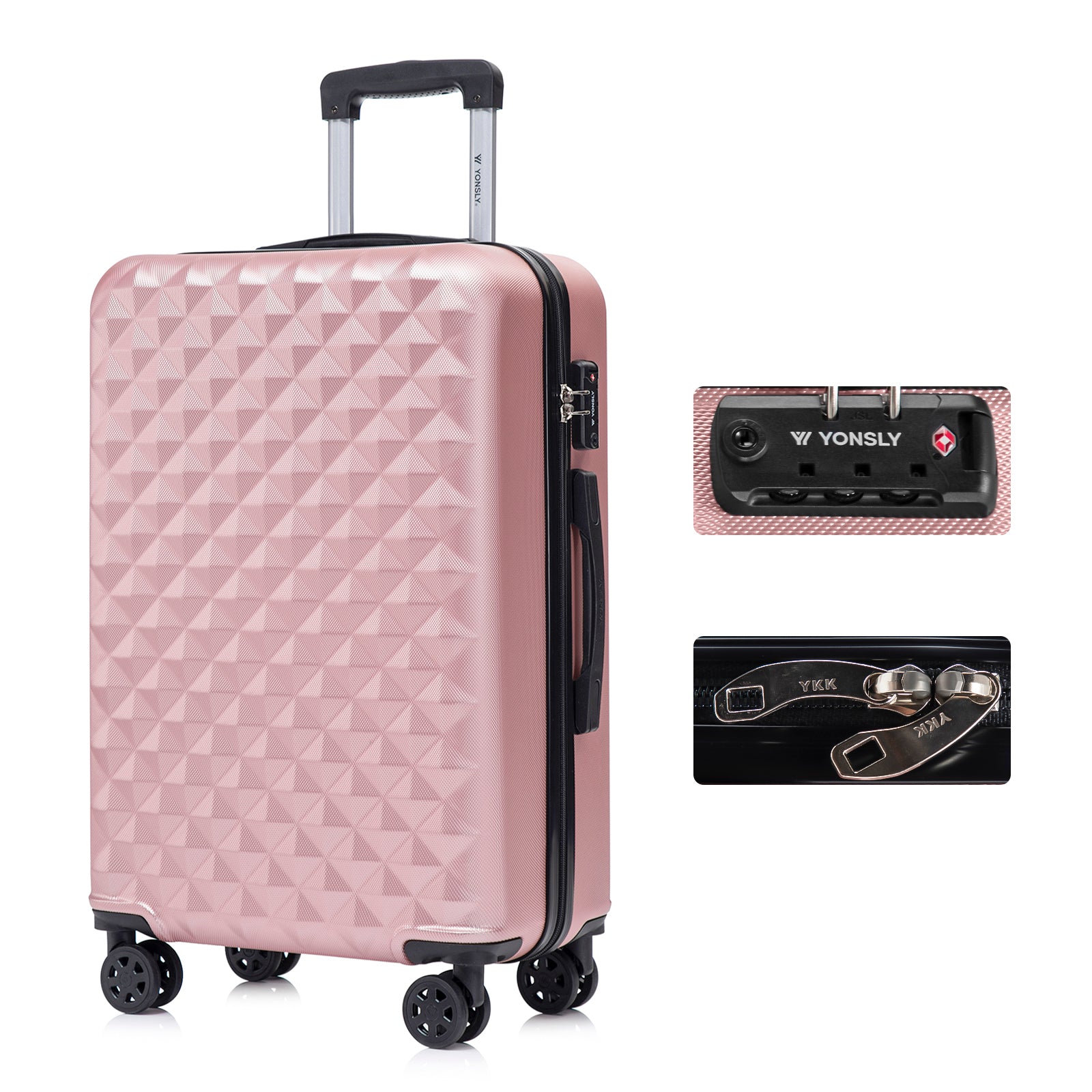 YONSLY® Hartschalenkoffer in Rosé mit TSA-Schloss, 4 Rollen und Trolleygriff