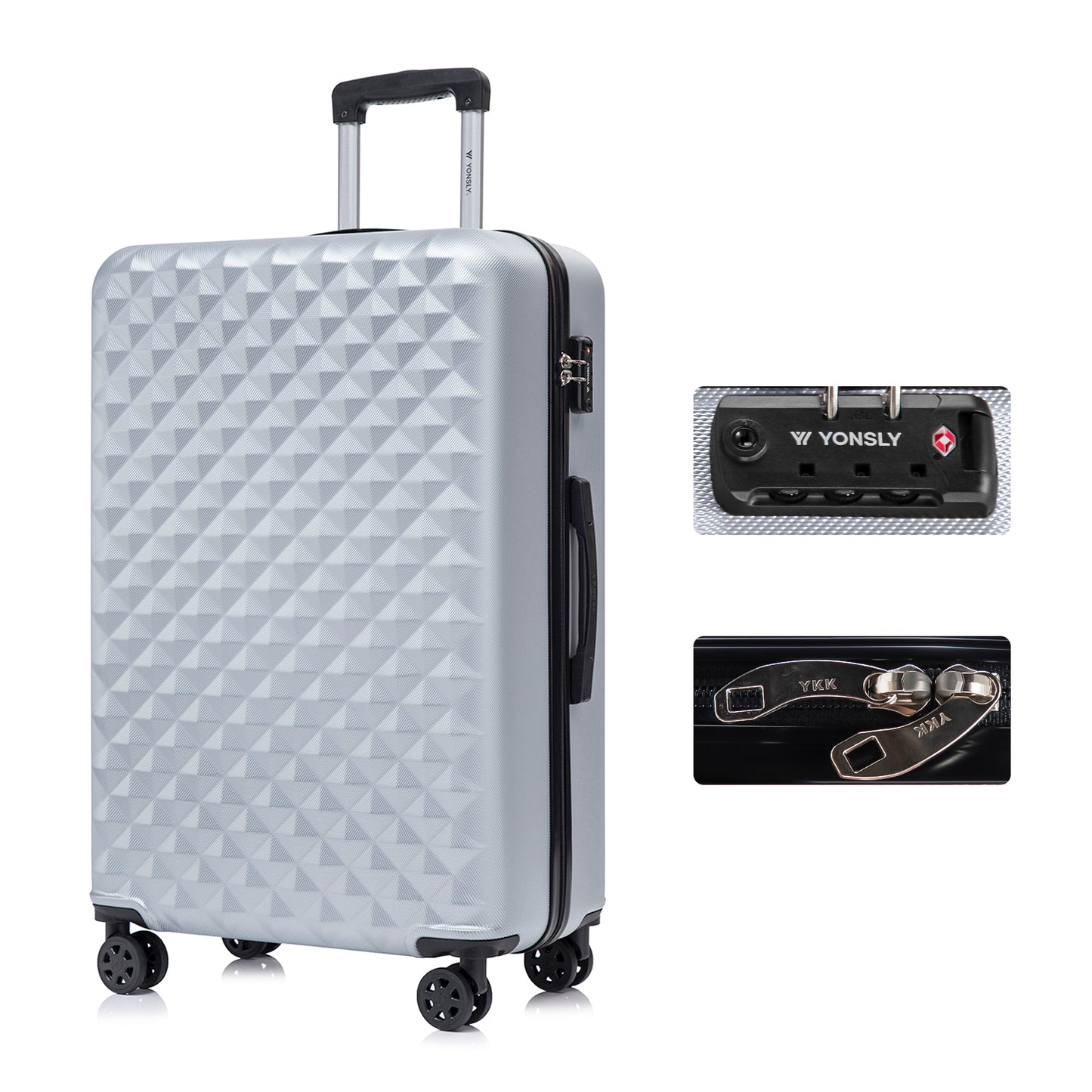 YONSLY® Hartschalenkoffer in Grau mit TSA-Schloss, 4 Rollen und Trolleygriff