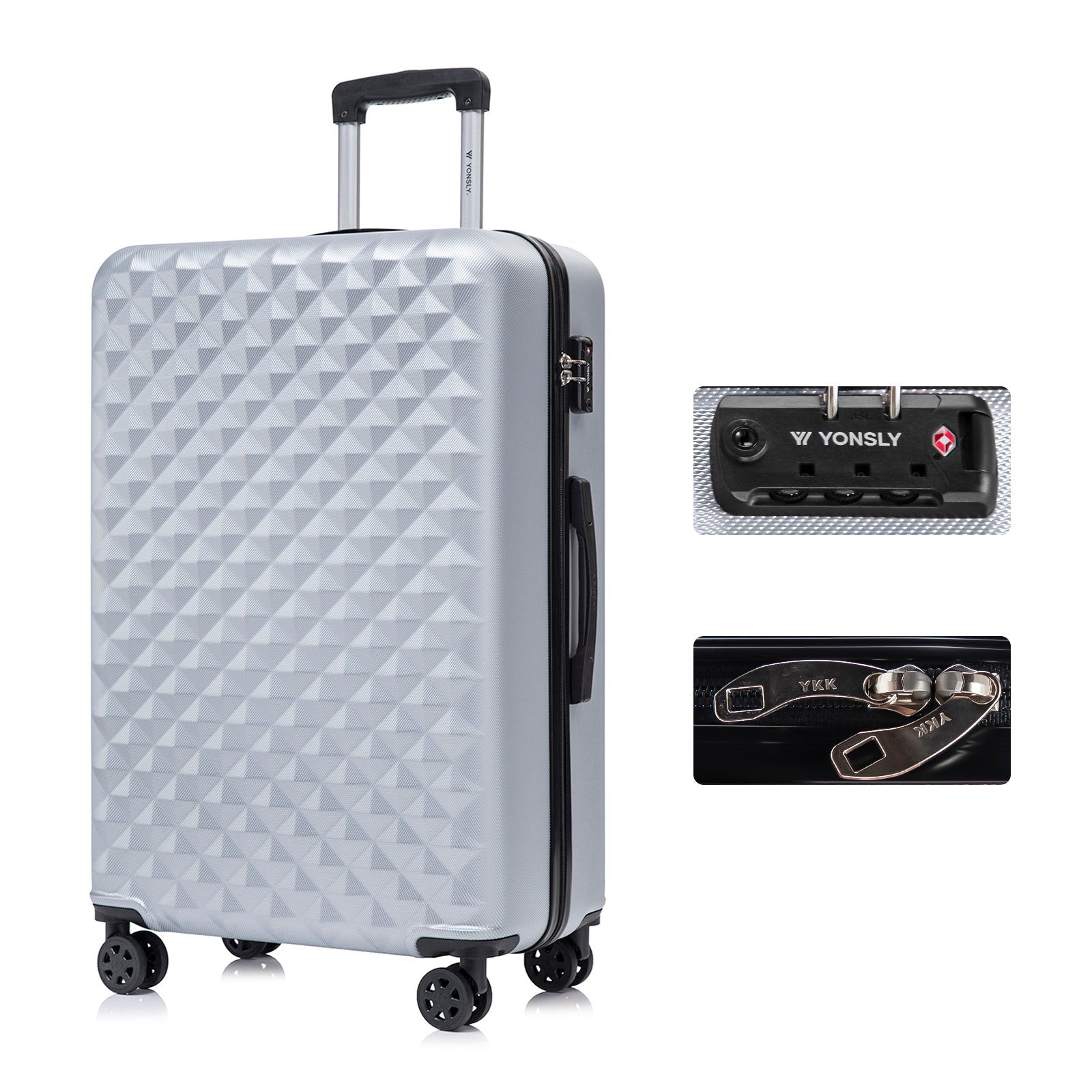 YONSLY® Hartschalenkoffer in Grau mit TSA-Schloss, 4 Rollen und Trolleygriff