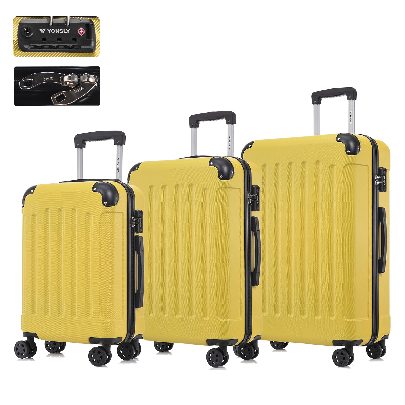 Hartschalen-Reisekoffer-Set mit TSA-Schloss, 3 Trolleys in Gelb, 4 Rollen, Teleskopgriff