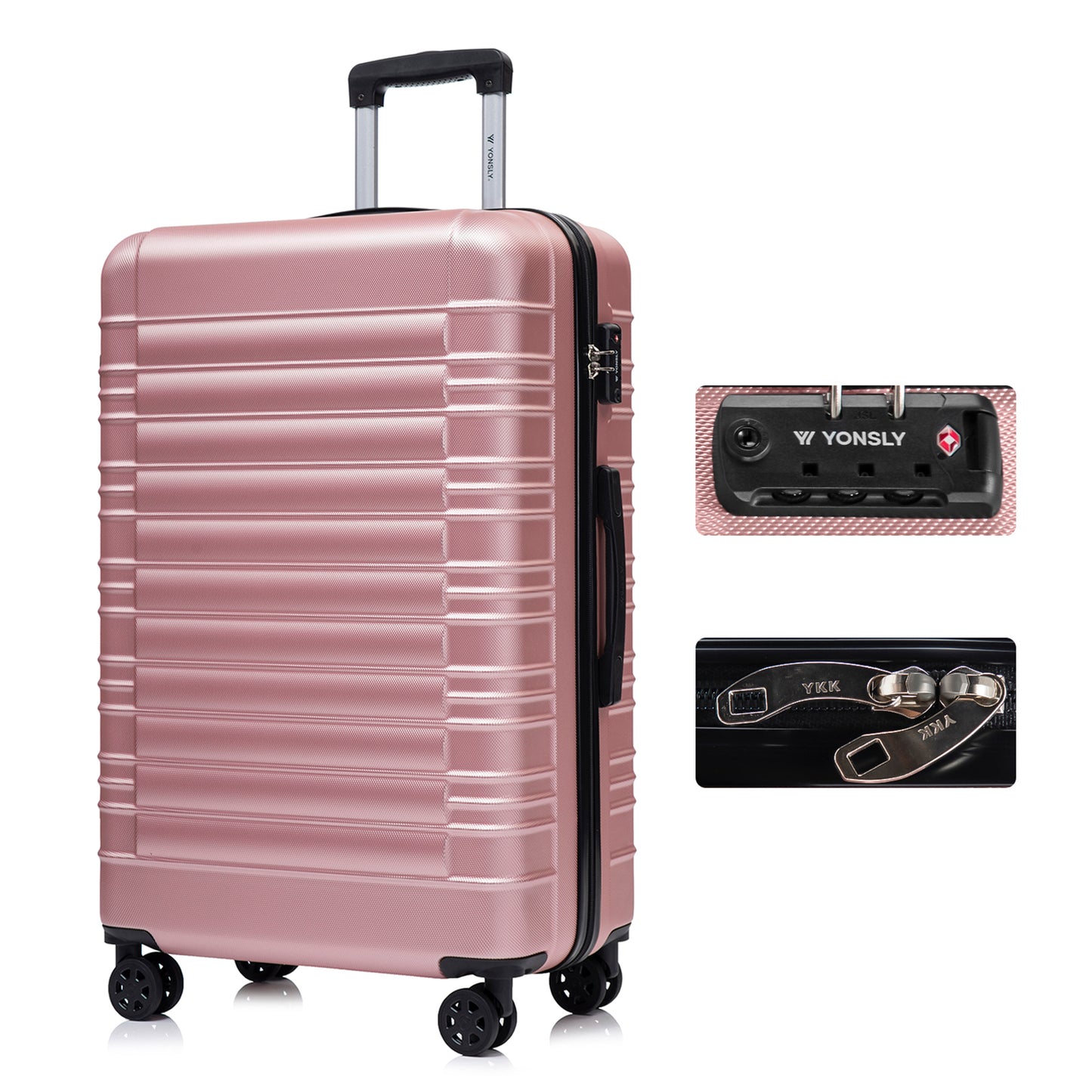 Hartschalen-Reisekoffer mit TSA-Schloss, 4 Rollen, Trolley, roségoldfarbener Korpus, seitlich