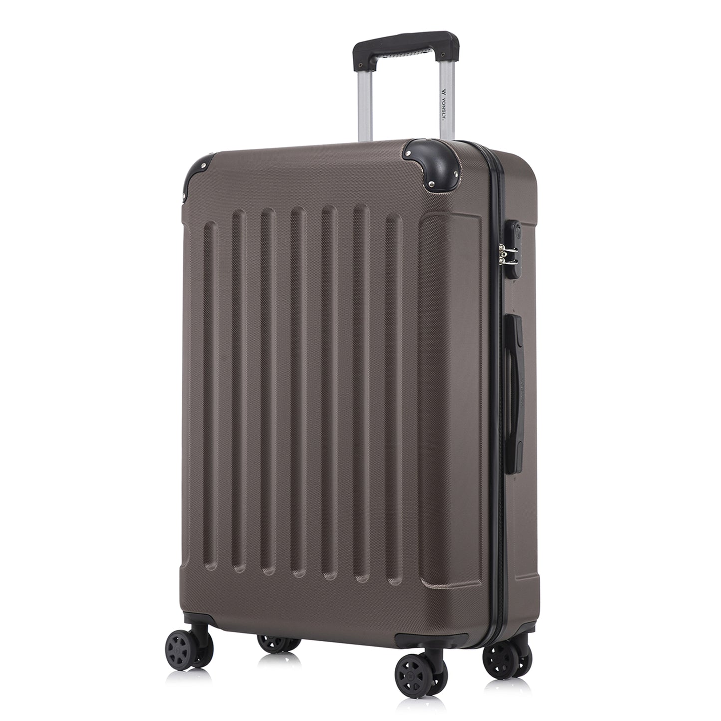Reisekoffer mit Hartschale und 4 Rollen, dunkler brauner Korpus, seitliche Verschlussklappe