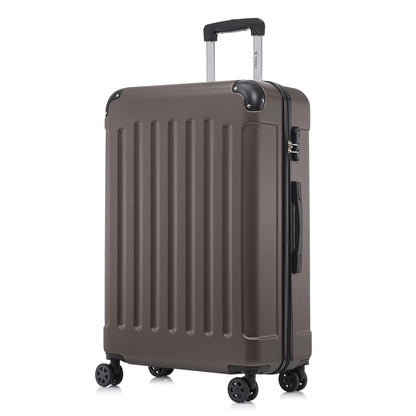 Reisekoffer mit Hartschale und 4 Rollen, dunkler brauner Korpus, seitliche Verschlussklappe