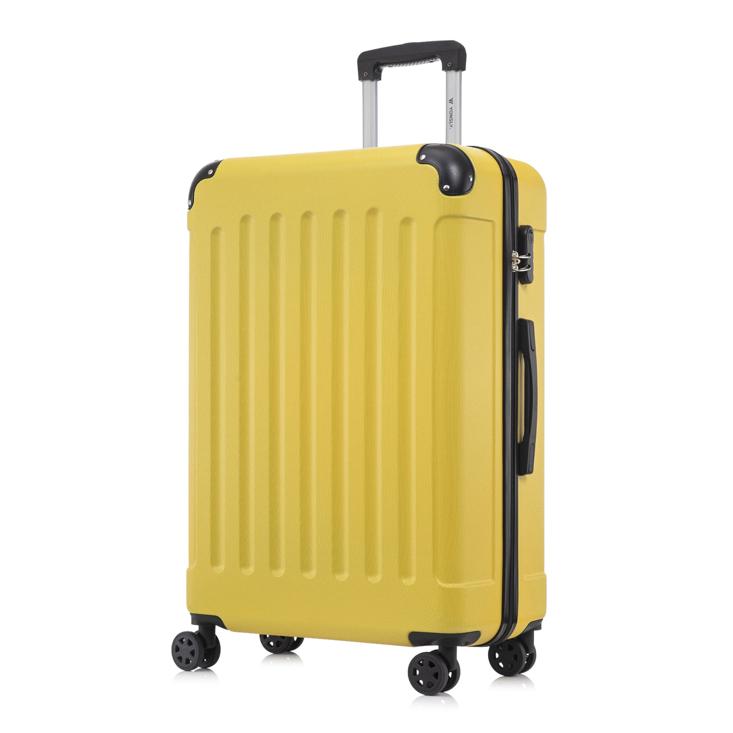 YONSLY® Rollkoffer mit Hartschale, gelber Farbe, 4 Rollen, Rückansicht mit Standgriff
