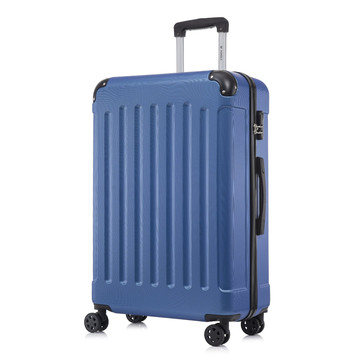Blauer Hartschalen-Rollkoffer mit geriffelter Front, Trolleygriff und 4 Rollen