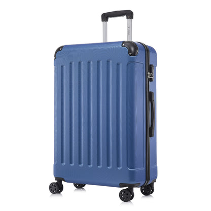 Blauer Hartschalen-Rollkoffer mit geriffelter Front, Trolleygriff und 4 Rollen