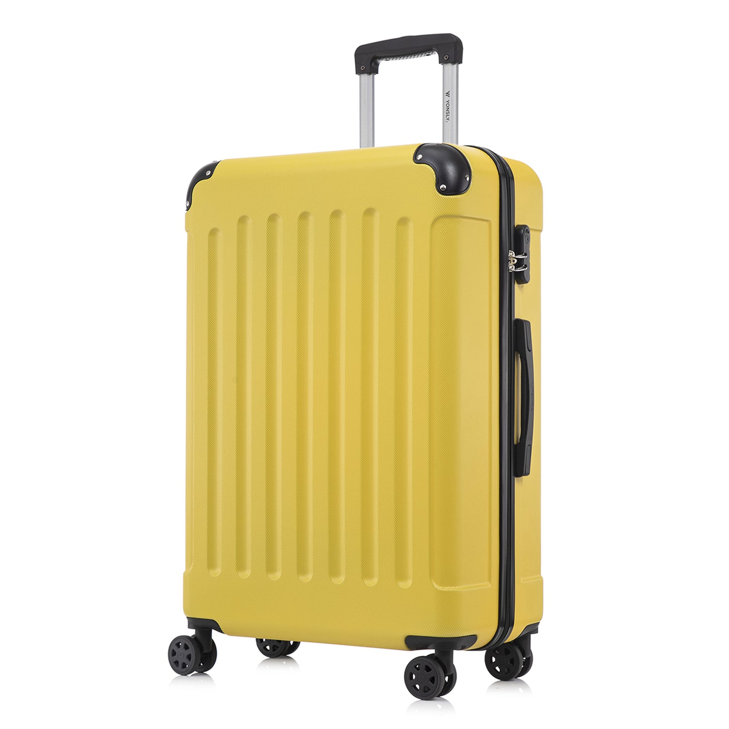 Hartschalen-Trolley mit 4 Rollen, gelber Korpus, Teleskopgriff und Seitenschloss