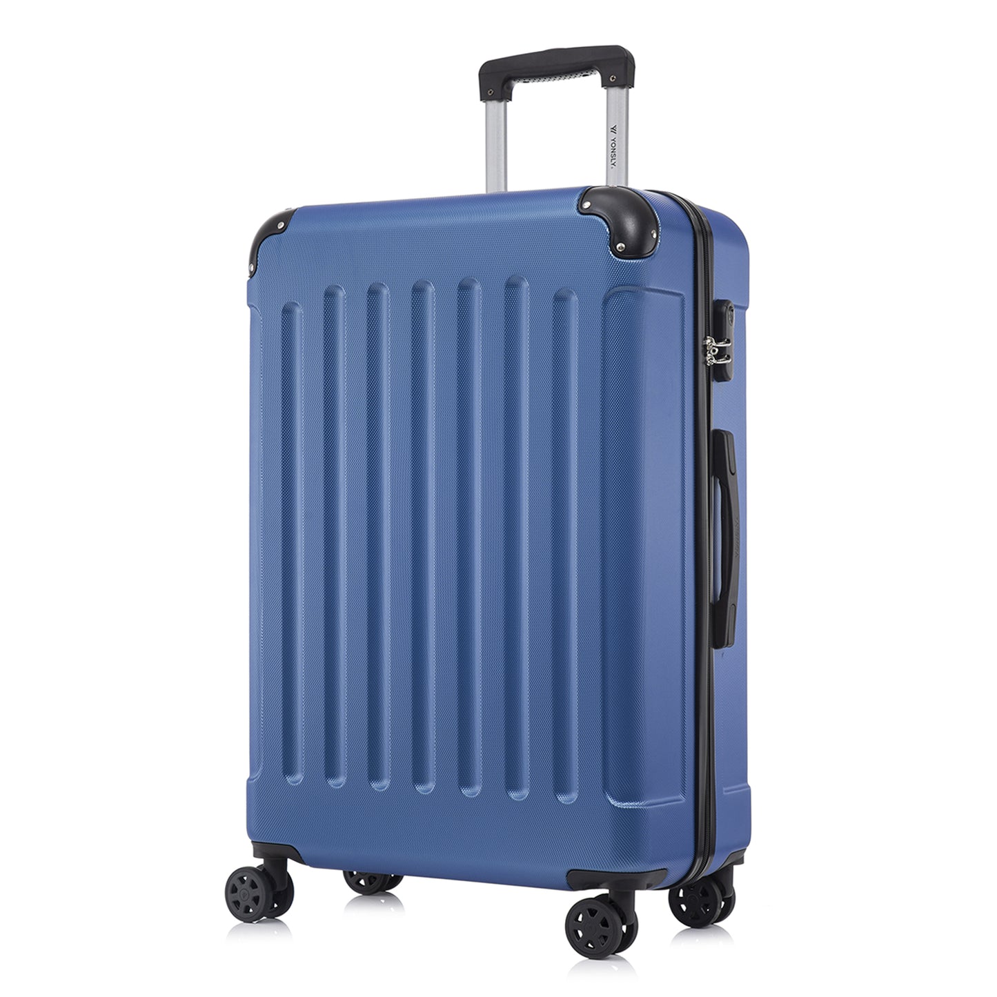 Rollkoffer mit Hartschale, dunkelblau, 4 Rollen, Trolleygriff, Seitenansicht mit Schloss