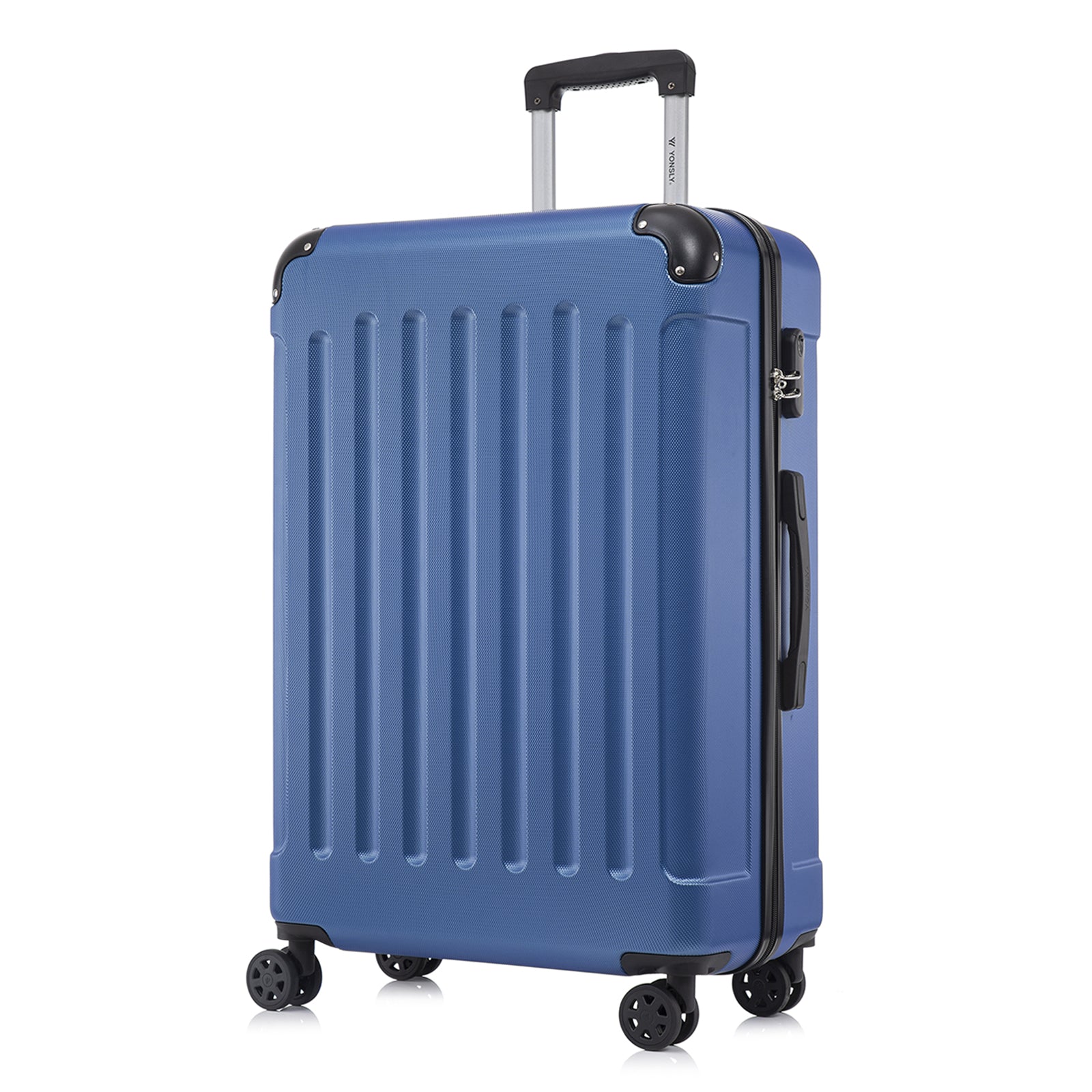 Rollkoffer mit Hartschale, dunkelblau, 4 Rollen, Trolleygriff, Seitenansicht mit Schloss