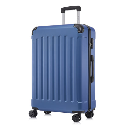 Rollkoffer mit Hartschale, dunkelblau, 4 Rollen, Trolleygriff, Seitenansicht mit Schloss