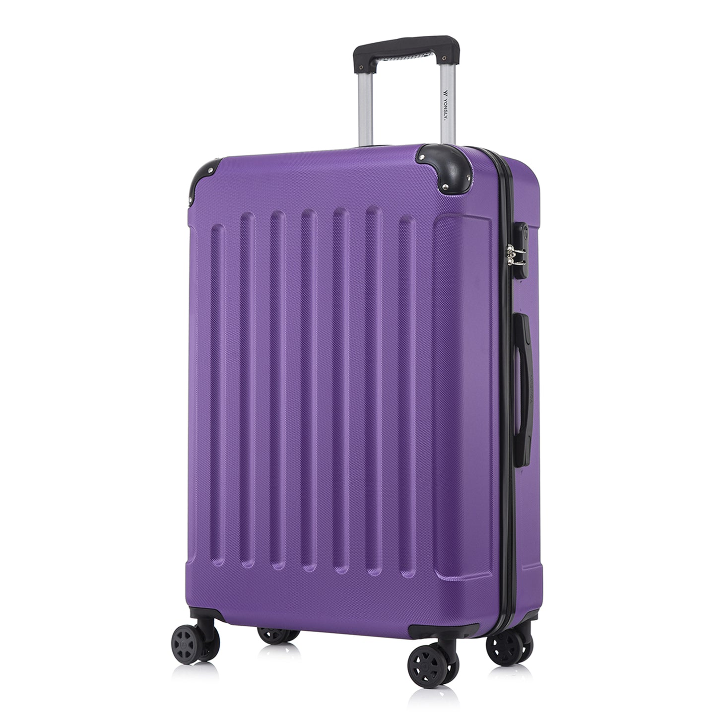 YONSLY® Rollkoffer lila, schmale Seitenansicht mit Trolleygriff und 4 Rollen