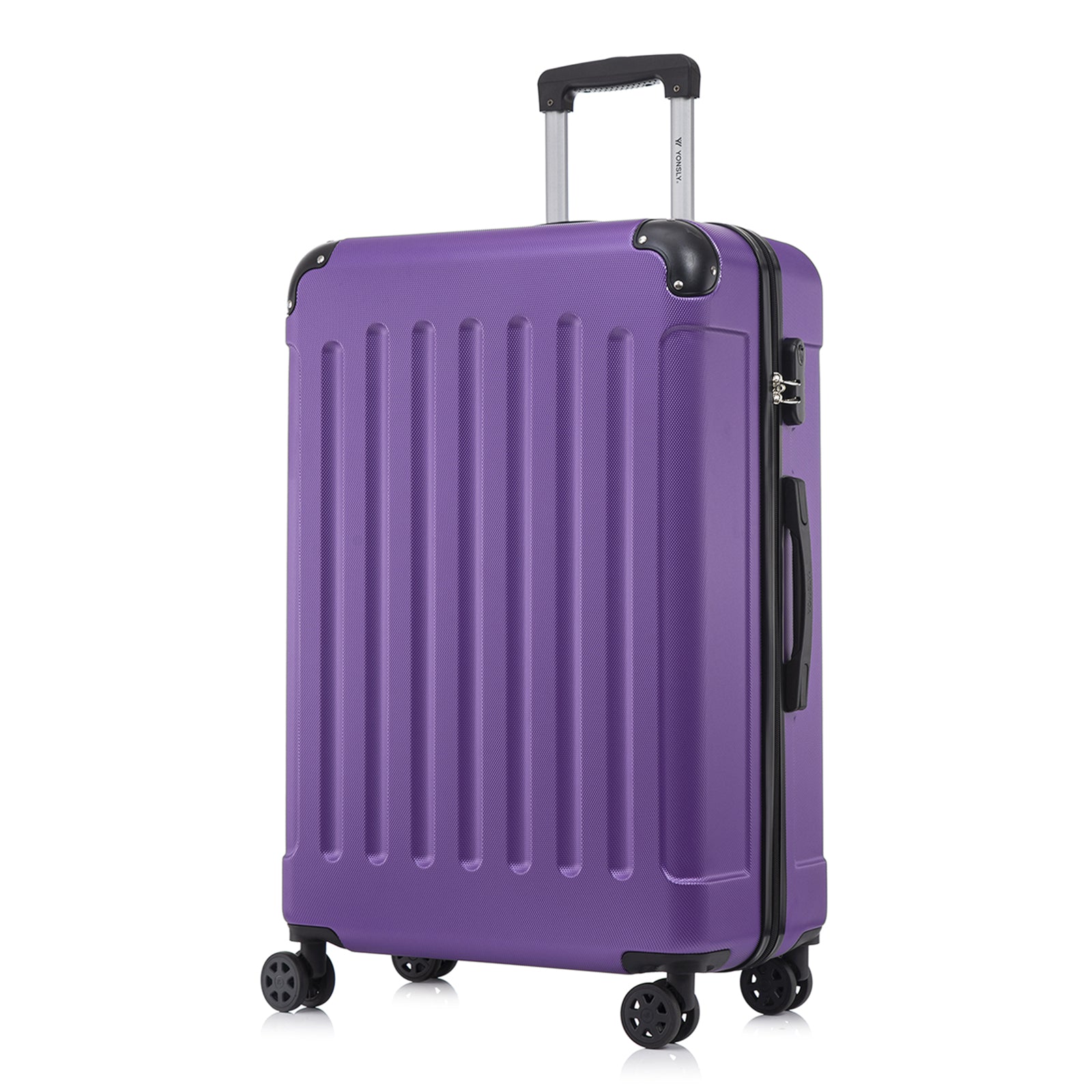 YONSLY® Rollkoffer lila, schmale Seitenansicht mit Trolleygriff und 4 Rollen